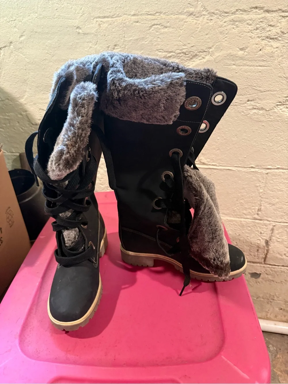 Timberland Black and Gray Women's Lace-Up Winter Boots with Faux Fur Cuff